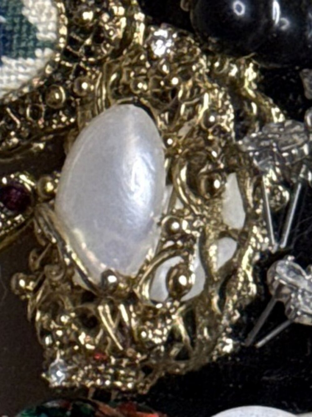 Vintage Gold Tone Filigree Brooch Large Faux Pearl Cabochon
